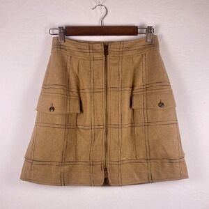 NWT Madewell Camel Plaid Wool Blend A-Line Midi Skirt Zip Frnt 0 Academia Office